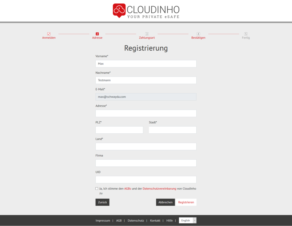Cloudinho Registrierung abgeschlossen
